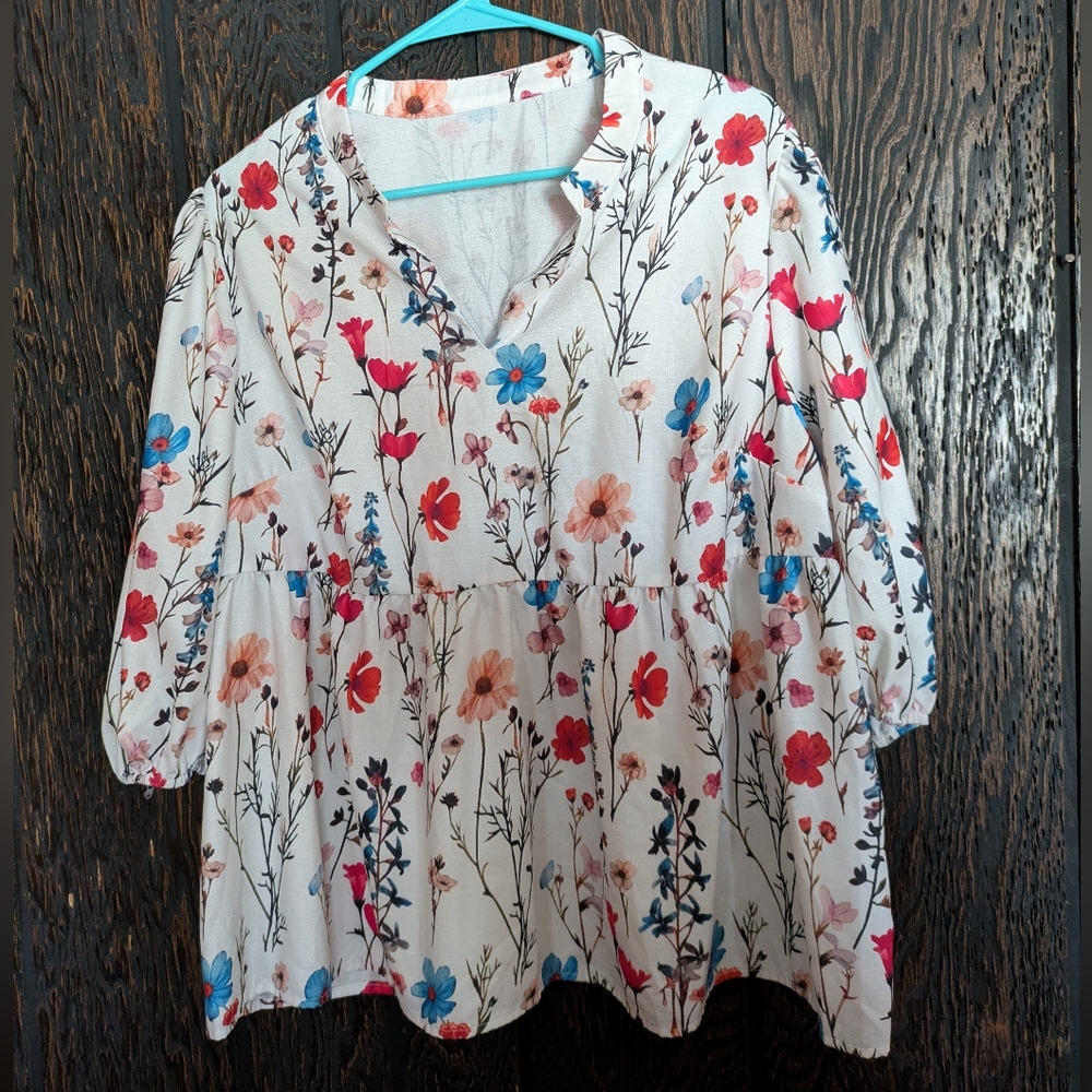 White Floral Tunic Top with Red & Blue Blooms